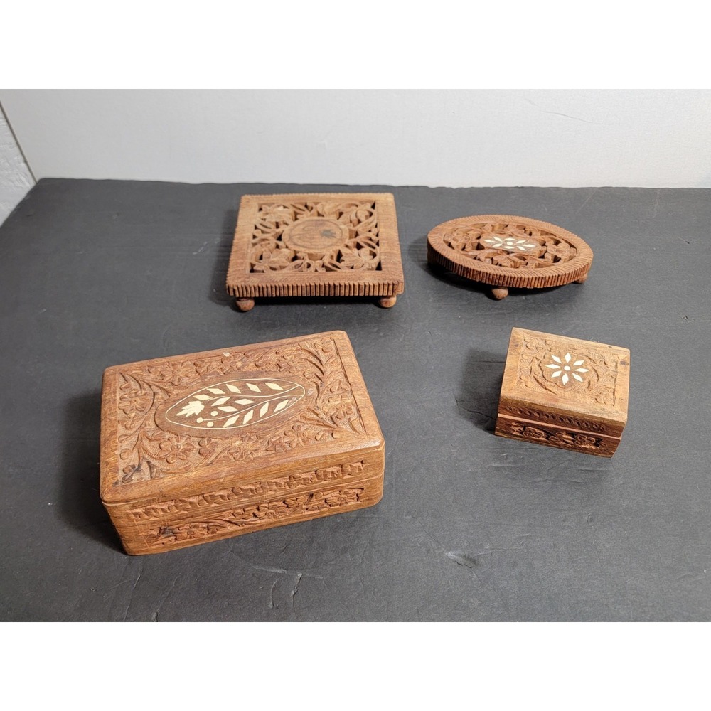 Vintage Handmade Indian Wooden Carved Box W/ Pedastils Jewelry Trinket Sheesam‎